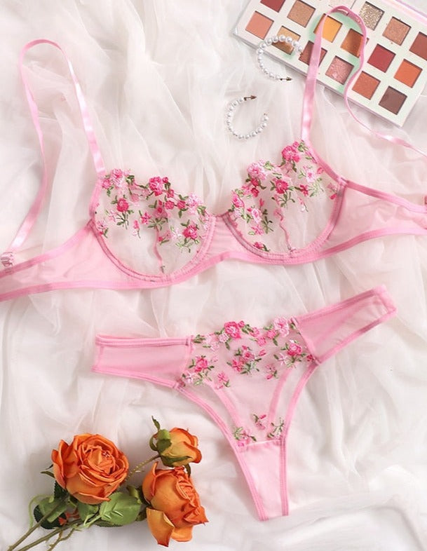 Sheer Floral Embroidered Bra Thong Matching Lingerie Set – Belle
