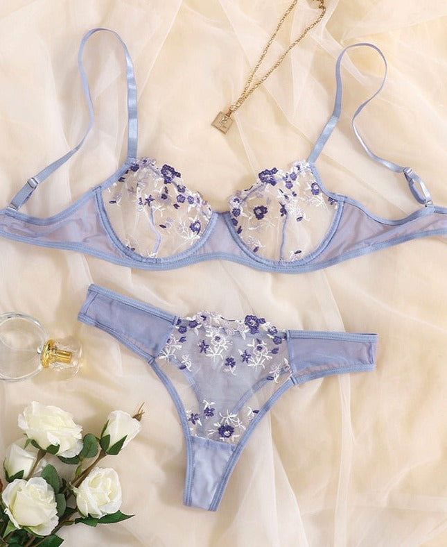 Sheer Floral Embroidered Bra Thong Matching Lingerie Set – Belle Jardin